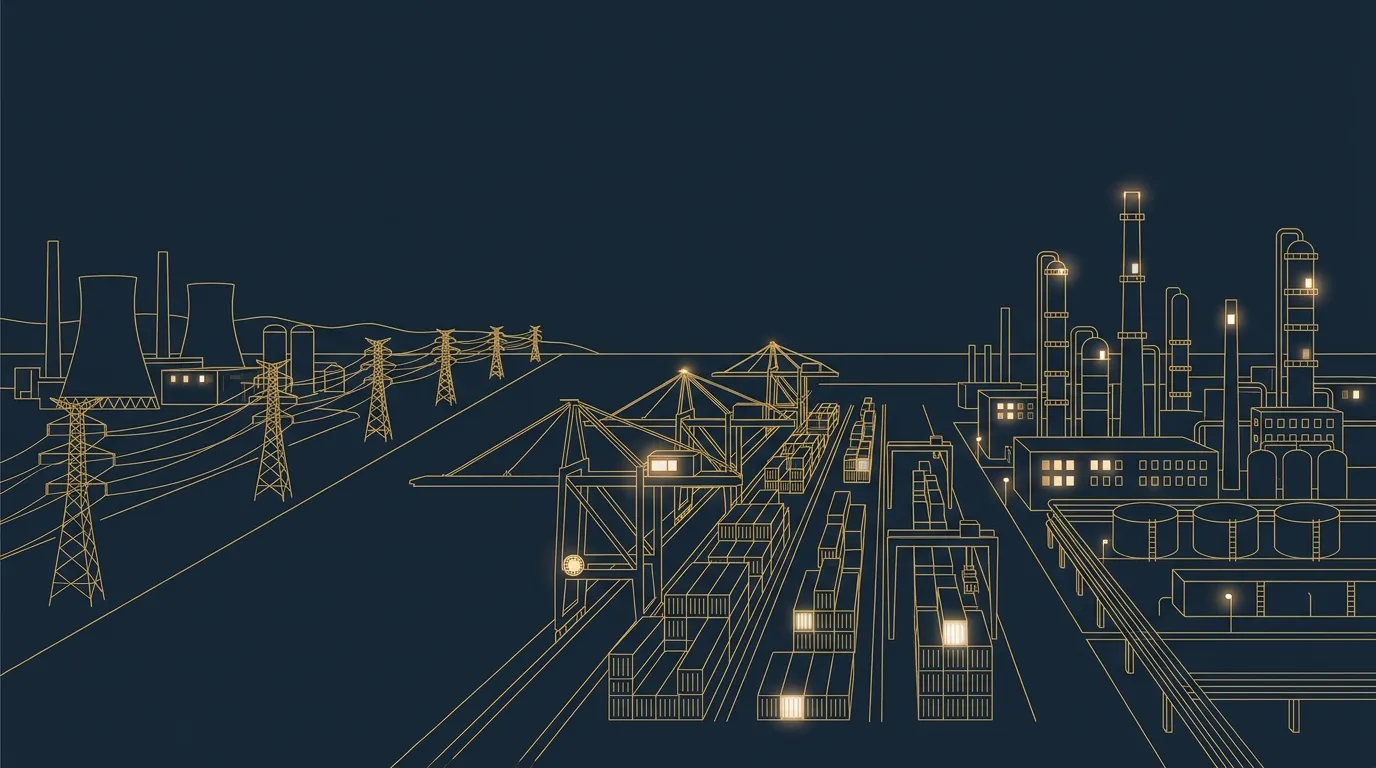 Ilustración: una central eléctrica, un puerto con grúas y una refinería dibujados en líneas doradas de noche, con solo unas pocas luces encendidas