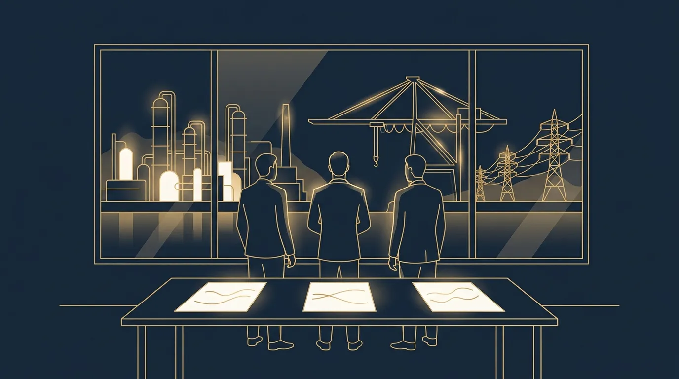 Ilustración: tres ejecutivos miran por un ventanal una refinería, un puerto y torres eléctricas; en la mesa, tres informes.